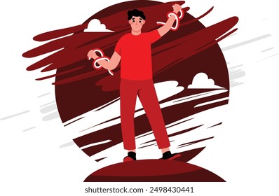 illustration of a man holding an Indonesian flag ribbon, a strong illustration with a high spirit of nationalism and full of enthusiasm. concept illustration of Indonesian independence day vector