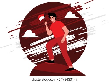 illustration of a man holding the Indonesian flag, a strong illustration with a high spirit of nationalism and full of enthusiasm. concept illustration of Indonesian independence day vector