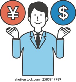 Illustration of a man holding Japanese yen and US dollar