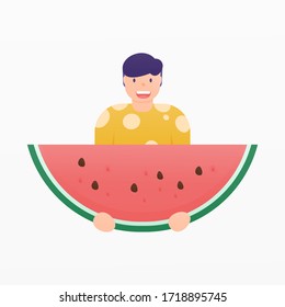illustration of a man holding a large watermelon. flat design. can be used for elements, landing pages, UI.