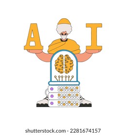 Illustration of a man holding the letters A and I, themed around Artificial Intelligence.