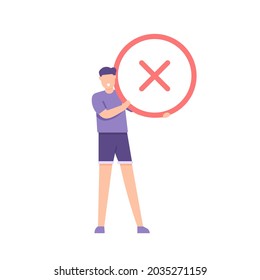 illustration of a man holding or lifting a cross symbol. the concept of disagree, wrong, not confirmed, invalid, not true. canceled. flat cartoon style. vector design