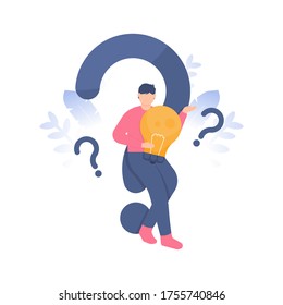 illustration of a man holding a light bulb in front of a question mark symbol.concept Frequently asked questions or FAQs, question marks around people, online support center. flat designs.