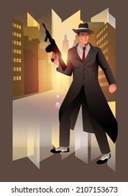 Illustration of a man holding machine gun, gangster, mobster, mafia theme, art deco vector illustration style