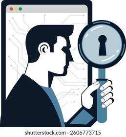 Illustration of man holding a magnifying glass in front of a computer screen. The man is wearing a suit and appears to be looking at the screen intently. The image is in a flat, cartoon-like style.