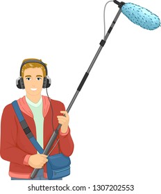 Illustration of a Man Holding Microphone and Wearing Headphones as a Boom Operator