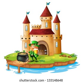 Illustration of a man holding a mug of beer with a pot of gold in front of a castle on a white background