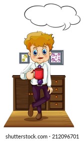 Illustration of a man holding a mug with an empty callout on a white background