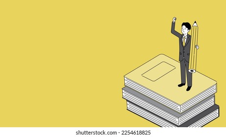 Illustration of a man holding a pencil on top of books, an image of skill improvement, vector