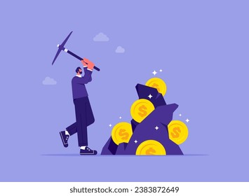 Illustration of a man holding pickaxe to get coins in stone, the concept of mining money, collect money, effort