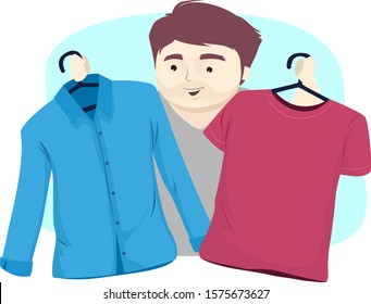 Illustration of a Man Holding and Picking which Clothes to Wear, Choosing Between a Long Sleeves Shirt or a Tshirt