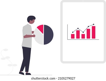 illustration of a man holding a pie chart based on bar chart data. Vector illustration