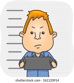 Illustration of a Man Holding a Placard Having His Mug Shot Taken