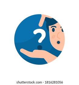 illustration of a man holding and pointing to a question mark on the palm. concept of FAQ or Frequently Asked Questions, user help, hints. help center. people around the question mark. flat style.
