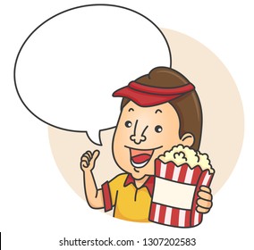 Illustration of a Man Holding a Popcorn and a Blank Speech Bubble Showing an Okay Sign