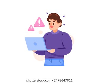 illustration of a man holding a problematic laptop. laptop error. the expression of an employee panicking because the work went wrong. task problems. illustration concept design. graphic elements