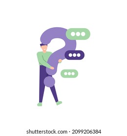 illustration of a man holding a question mark symbol. ask questions and seek answers. concept Frequently asked questions or FAQ, online support center. flat vector design. ui, landing page