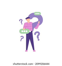 ilustración de un hombre con un signo de interrogación. hacer preguntas y buscar respuestas. preguntas frecuentes o preguntas frecuentes, centro de asistencia en línea. diseño de vector plano. ui, página de inicio