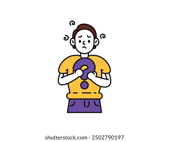 illustration of man holding question mark symbol. looks confused and dizzy. concept of FAQ, confusion, wondering, help. facial expression. outline style character design. graphic elements