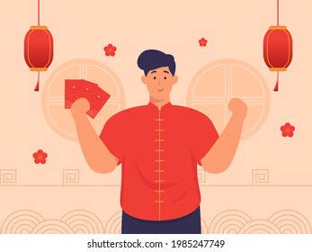 Ilustración de un hombre con sobres rojos para celebrar el Año Nuevo chino