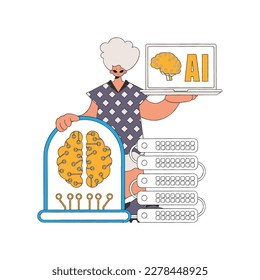 Illustration of a man holding a server with AI technology.