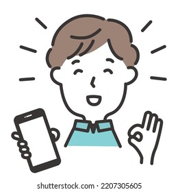 Illustration of a man holding a smartphone and doing an okay sign