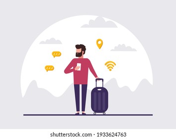 Illustration of a man holding a smartphone in one hand and dragging a piece of luggage with the other.