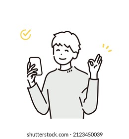 Illustration of a man holding a smartphone and signing ok sign. Vector.