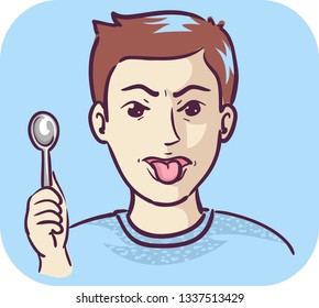 Illustration of a Man Holding a Spoon and Sticking His Tongue Out Due to Metallic Taste