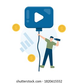illustration of a man holding a string of balloons flying into the air and using binoculars to find customers. the concept of digital marketing and advertising services. efforts to increase traffic.