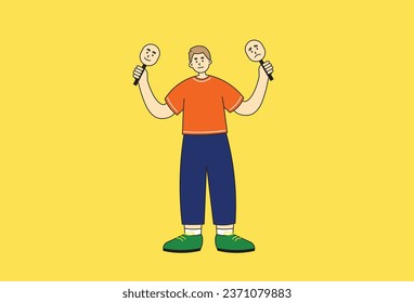 illustration of a man holding two face mask, happy mask and sad mask