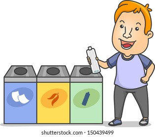 Illustration of a Man Holding a Water Bottle Standing Beside Waste Segregation Bins