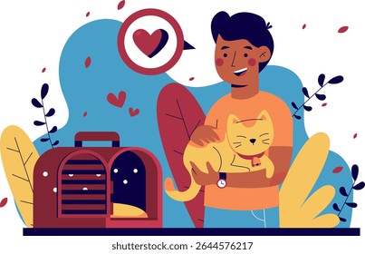 Ilustração do homem segura o gato carinhosamente