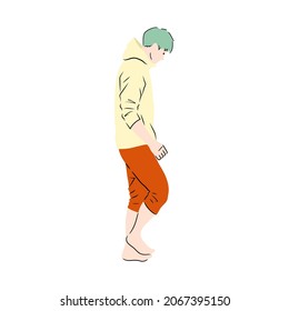 Illustration of a man in a hoodie walking barefoot (white background, vector, cut out)	
