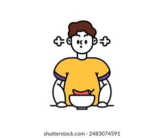 illustration of a man so hot his ears are smoking. a spicy person's facial expression. spiciness from eating spicy food or eating chilies. character design. outline style