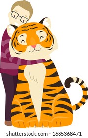 Illustration Of A Man Hugging A Big Tiger Sitting Down