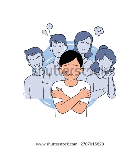 An illustration of a man hugging himself with a tear on his face while several people behind him show varied expressions, representing social anxiety and fear of negative evaluation.