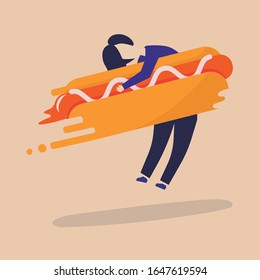 Illustration of a man hugging a hotdog