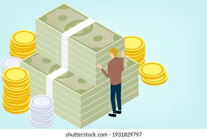 Illustration of a man hugging a lump of bills, isometric