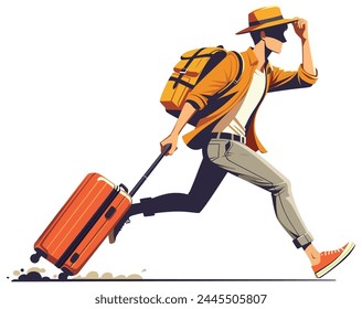 Illustration of a man in a hurry, rushing with a suitcase and backpack.