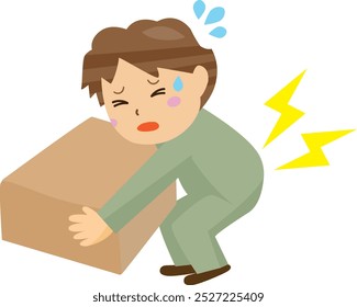 Illustration of a man hurting his back trying to lift a large bag