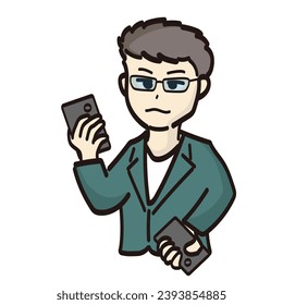 Illustration of a man in the image of a successful young businessman with two smartphones