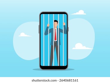 An illustration of a man imprisoned behind bars that are part of a smartphone screen. This powerful visual metaphor highlights the concept of being mentally or emotionally trapped by technology