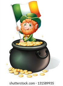 Illustration of a man inside a pot of gold holding a flag on a white background