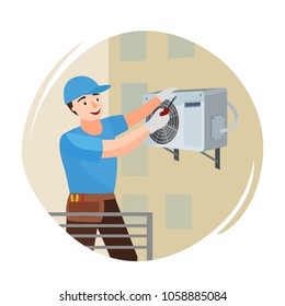 illustration of a man installing an air conditioner.