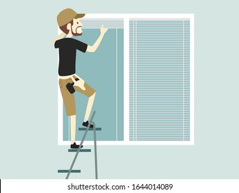 Illustration eines Mannes, der Blinds in einem Fenster installiert und einen Schrittleiter verwendet
