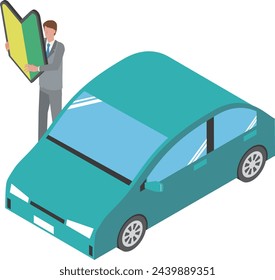 Illustration of a man with a Japanese beginner mark and a car