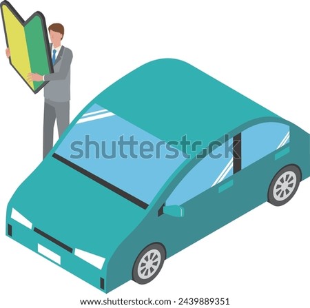 Illustration of a man with a Japanese beginner mark and a car