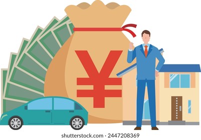 Illustration of a man with Japanese yen, car and house
