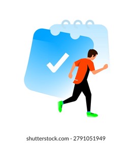 illustration of man jogging with calendar, check mark. workout consistency, exercise discipline, fitness routine tracking, healthy goal achievement, commitment to an active lifestyle. habit building